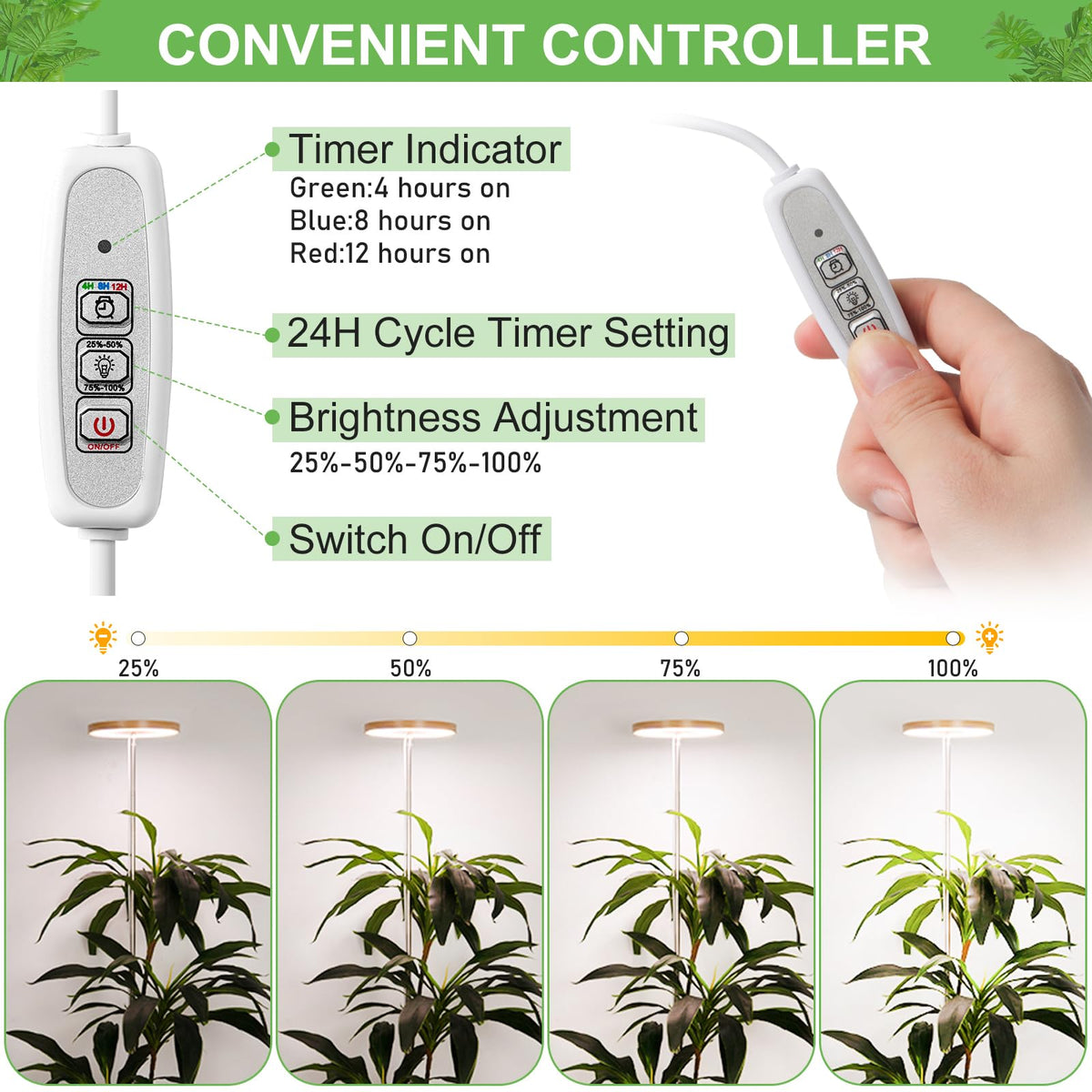 LORDEM Bamboo Grow Light for Indoor Plants, Full Spectrum LED Plant Grow Light, Height Adjustable Growing Lamp with Auto Timer 4H/8H/12H, 4 Dimmable Levels, Ideal for Large Tall Plants, 2 Pack