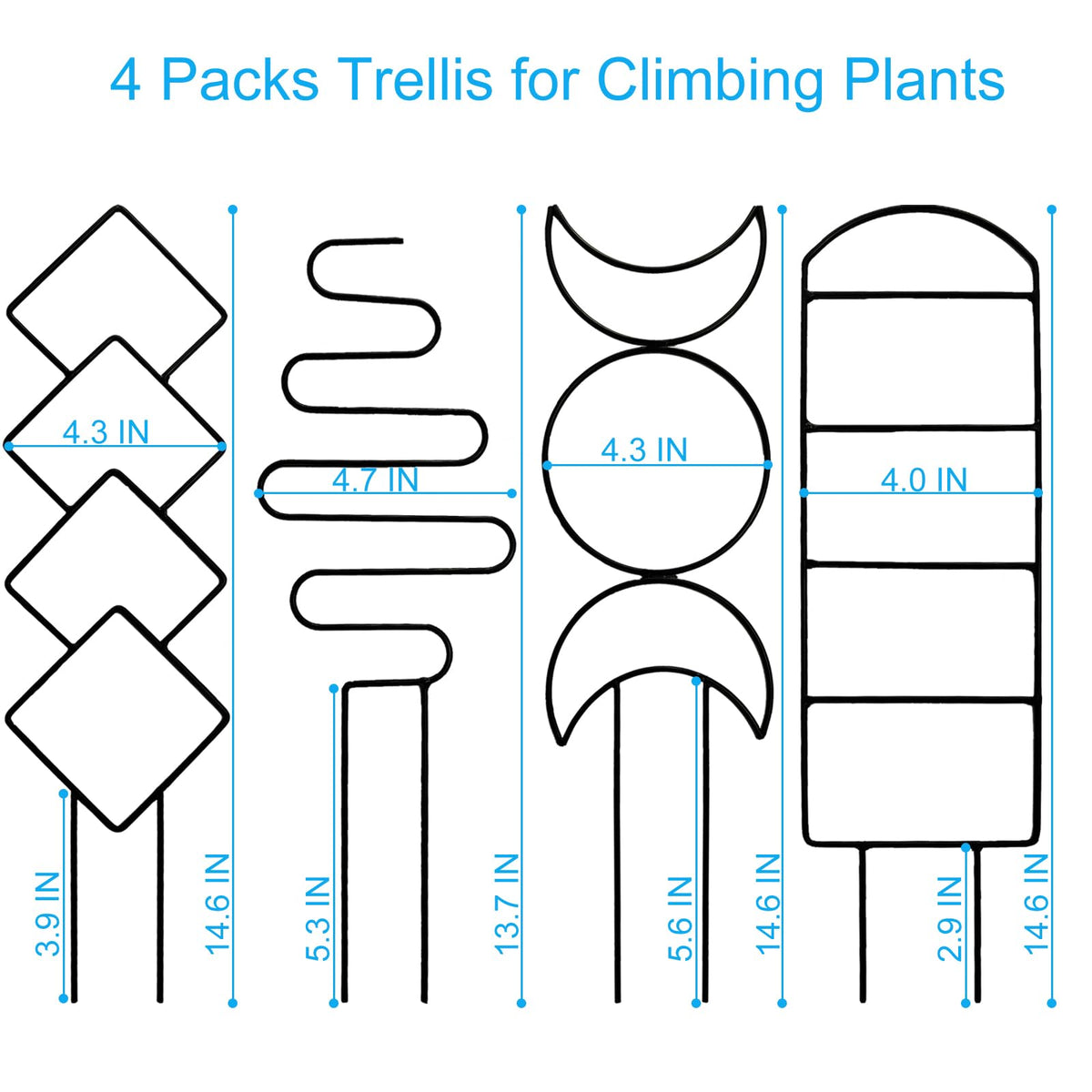 4 Packs Trellis for Climbing Plants Indoor, HENABLE Small Garden Metal Trellis for Potted Plants Outdoor for Vine Ivy Flower Plant Support, 4 Different Black Iron Patterns