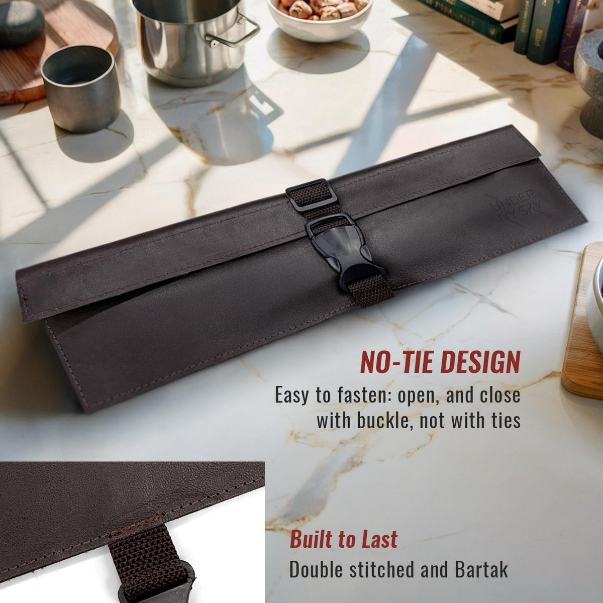 Under NY Sky Genuine Leather Knife Roll Case - 1 Slot - Real Leather Pouch - Portable Bag for Cooking Tools, Utensils, Cutlery Knives, Brushes - Chefs, Kitchen, Travel, Gift - Brown L