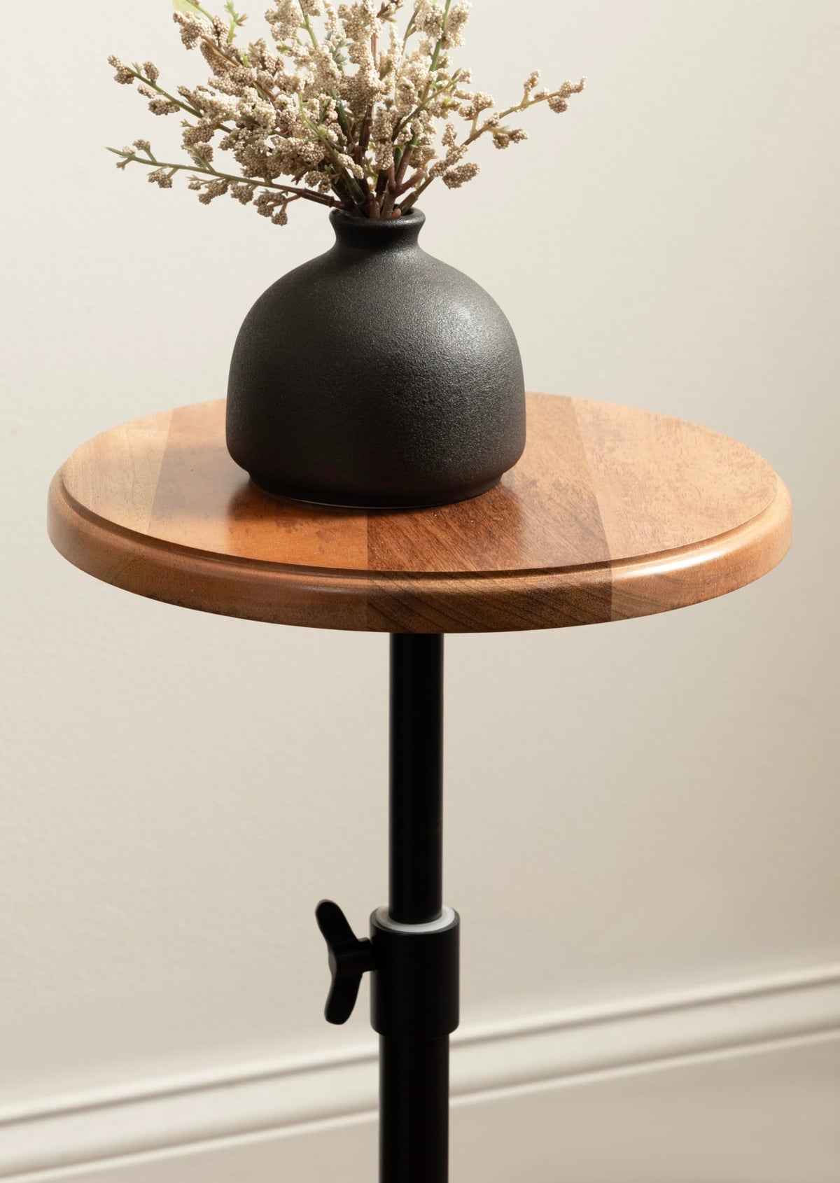 Kate and Laurel Engles Modern Adjustable-Height Pedestal Drink Table, 10 x 10 x 30, Natural Wood and Black, Transitional Round Indoor Metal Plant Stand with Solid Wood Tabletop
