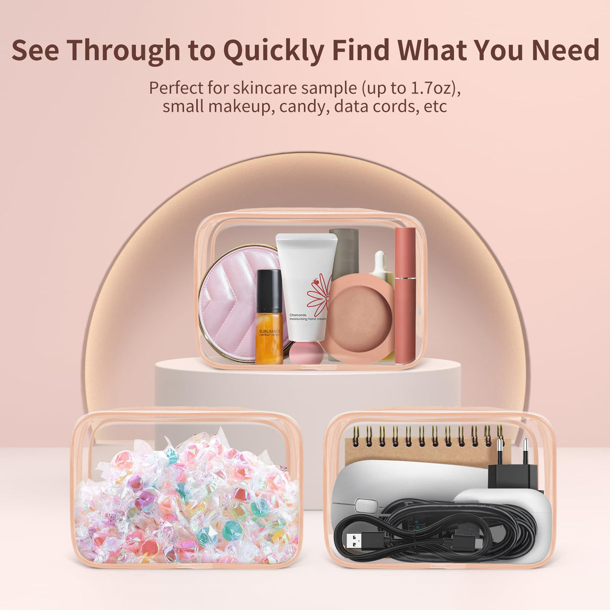 TISRATOK 12 PCS Clear Makeup Bag for Women with Zipper, TSA Approved Toiletry Pouch, Cosmetic Bag Bulk for Travel Organizer Essentials -Orange-pink, Small