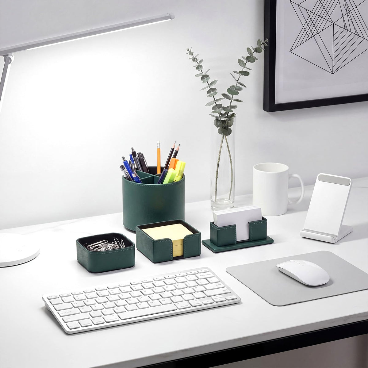YooNotee 4 Pcs Rotating Leather Pen Holder Organizer Office Desk Accessories Set with Business Card Sticky Note Holder Paperclip Storage Desktop Storage Supply for Teacher Back to School Gift(Green)