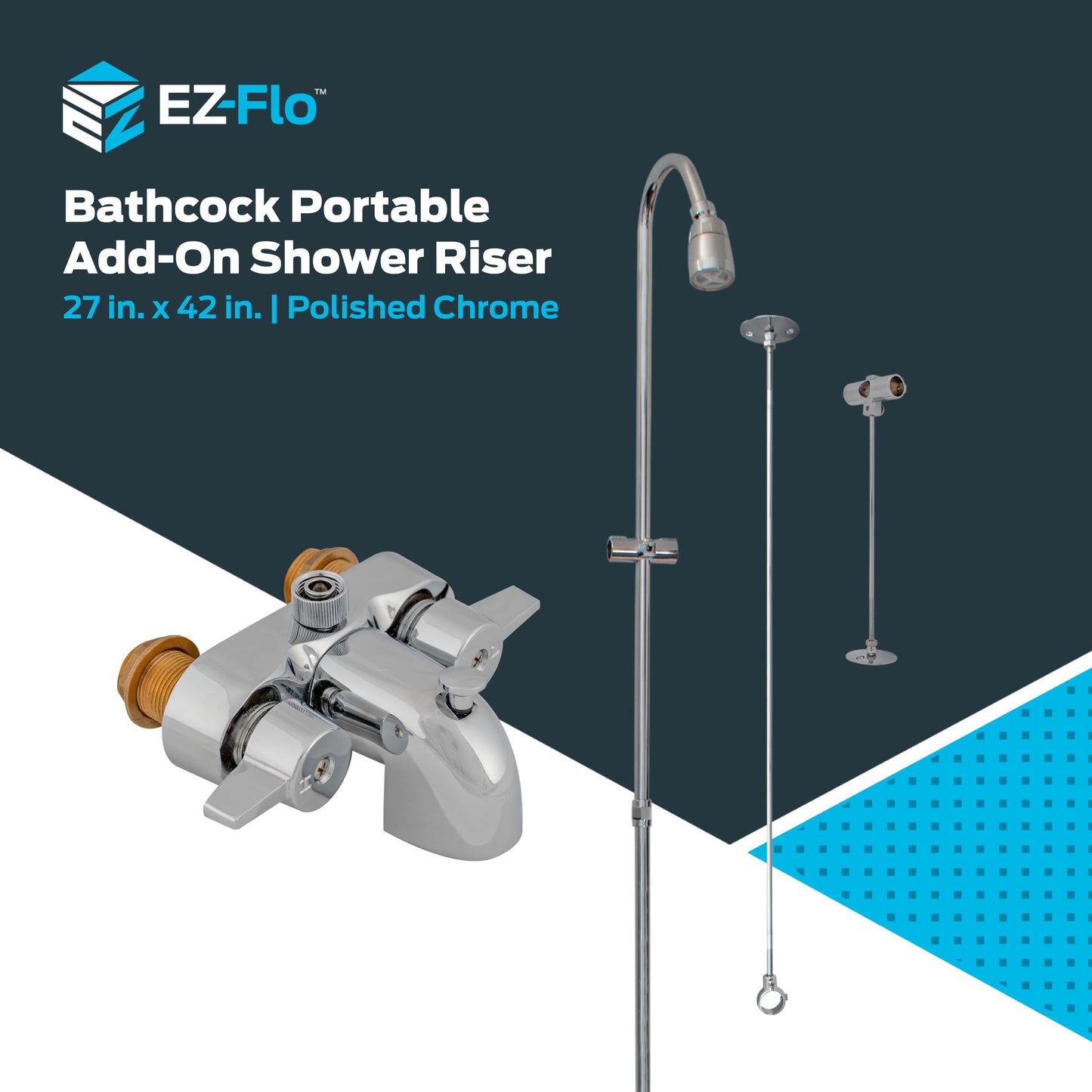 EZ-FLO 27 x 42 Inch Bathcock Type Portable Aluminum Add On Shower Unit with Shower Rod Frame, Chrome Plated, 11123