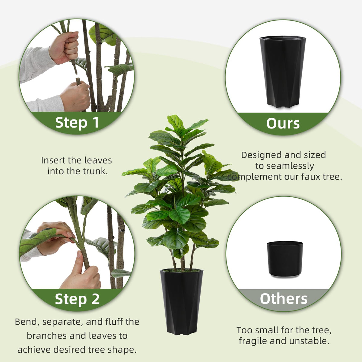 Artificial Fiddle Leaf Fig Plant Indoor 5FT Faux Fig Tree with Mocha Diamond Planter Tall Fake Floor Plant Potted Artificial Trees for Home Office Living Room Decor Indoor