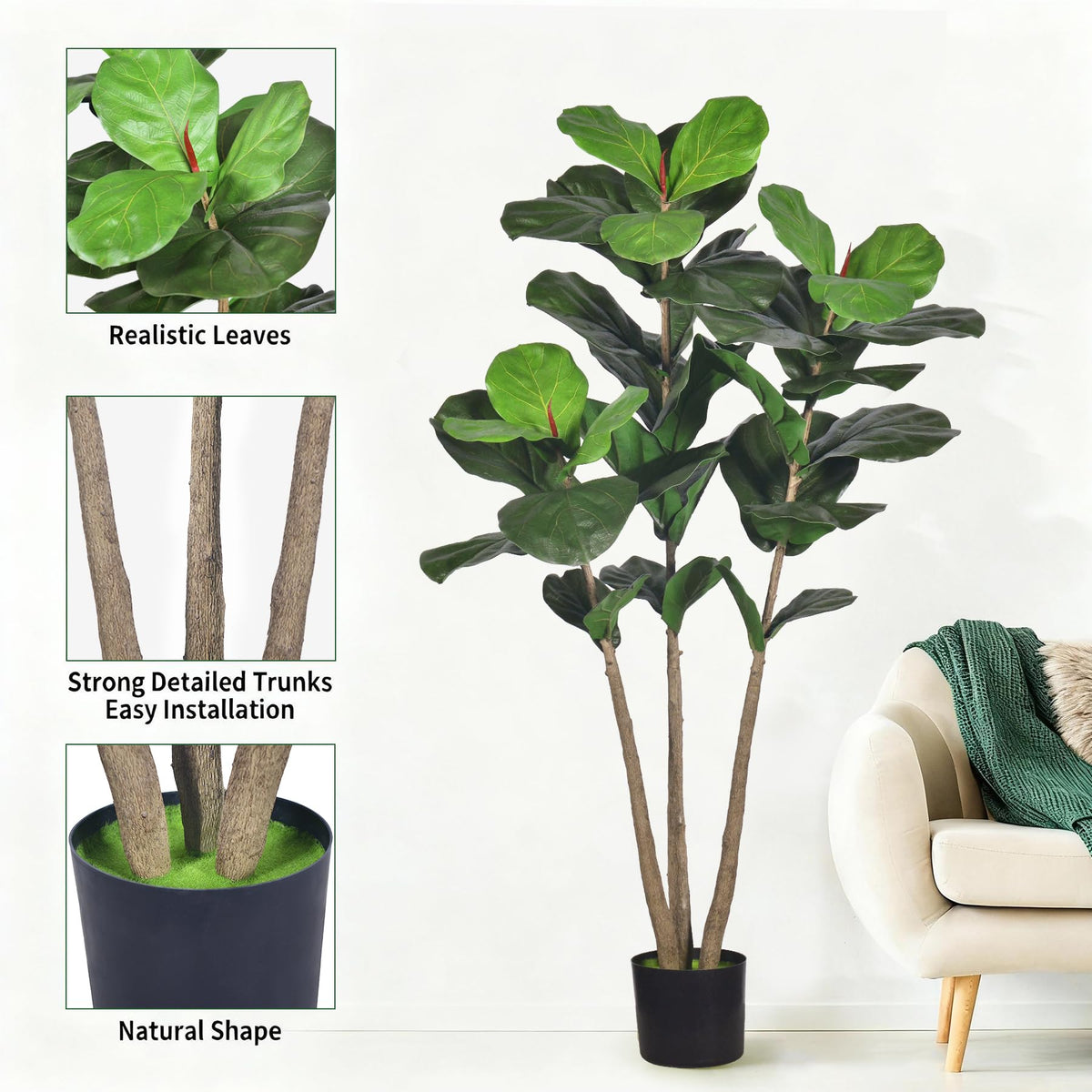 Artificial Fiddle Leaf Fig Tree, 5Ft Faux Floor Plants Fake Tropical Tree with Pot for Indoor Outdoor Office House Living Room Home Decor