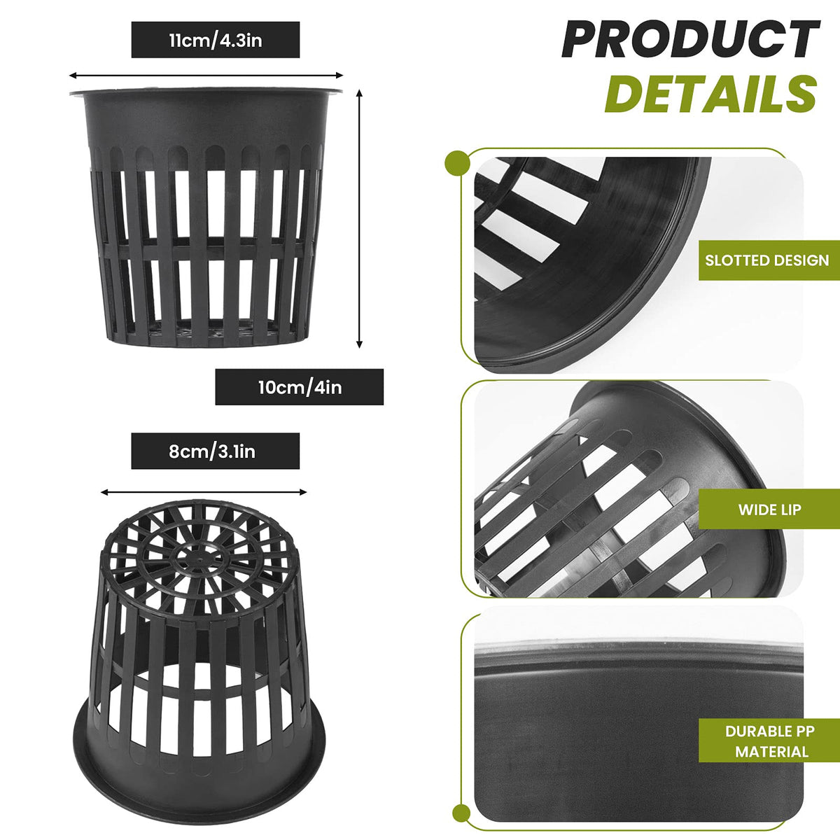 ISKYBOB 10 Pieces Black Plastic Garden Mesh Net Pot Hydroponic Basket Planting Nursery Grow Supplies, 11cm/4.3inch