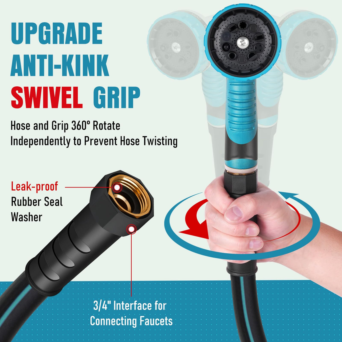Garden Hose 25 ft x 5/8" with Nozzle, Water Hose Heavy Duty Flexible, Lightweight Kink-less Hybrid Hose with Swivel Handle, Male to Female Fittings