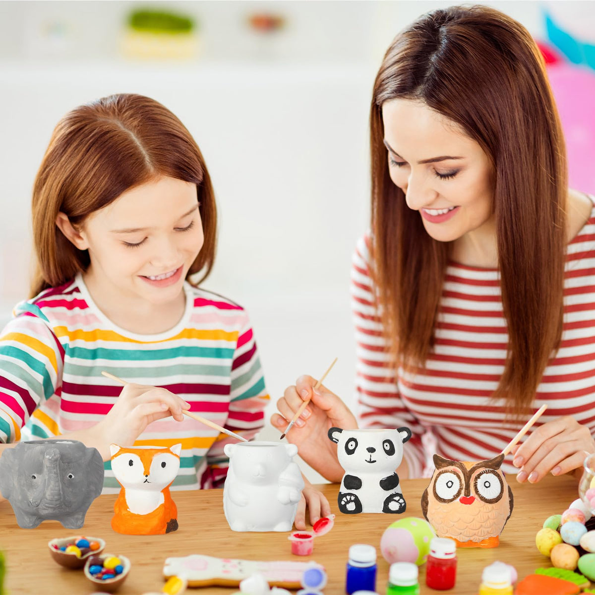 Sunnychicc 12 Sets Christmas DIY Ceramic Animal Succulent Pots Figurines Unpainted Ceramic Bisque Paintable Animal Flowerpots with Drainage Hole Ready to Paint for Kids Classroom Craft Project