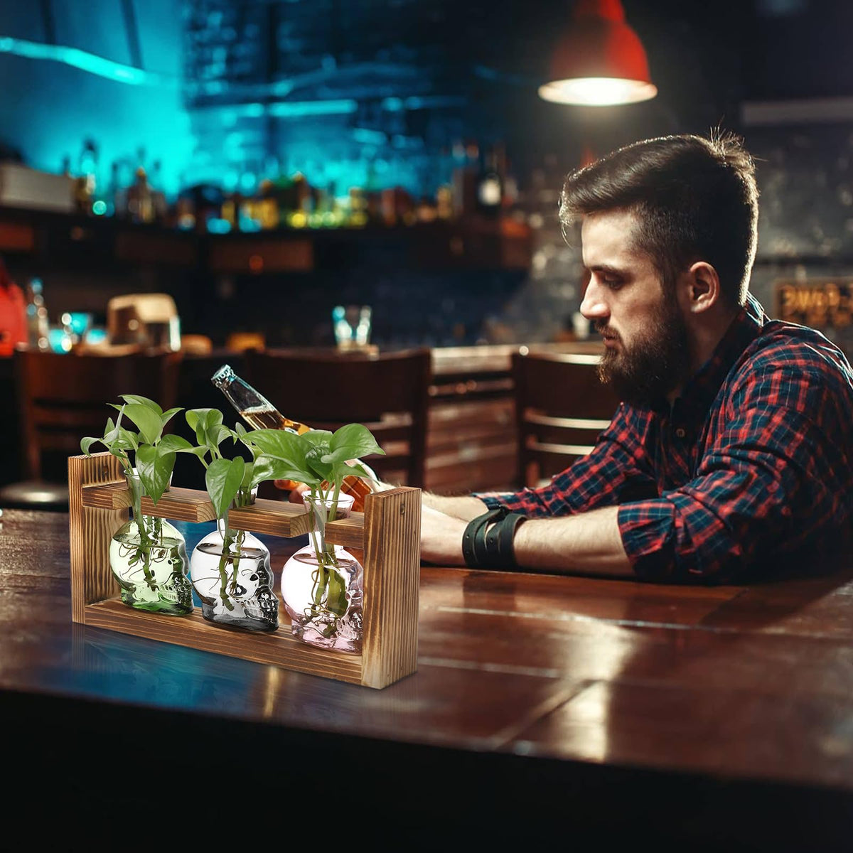 Plant Terrarium Propagation Stations Hydroponics Halloween Skull Planter Vase Skulls Decor with Wooden Stand Gife for Father