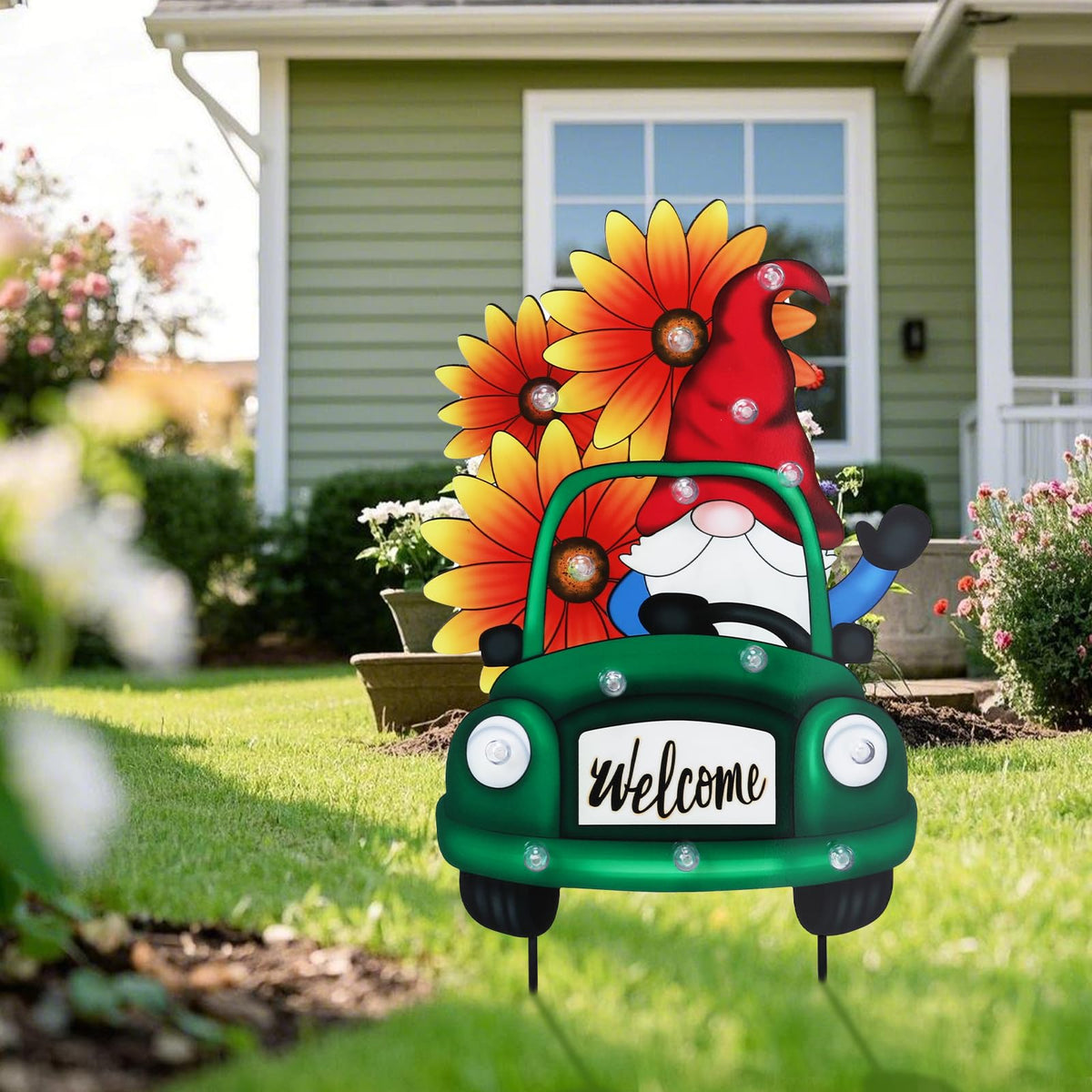 WONDER GARDEN Sunflower Yard Sign Decoration, 22.4" Metal Gnome Truck with LED Lighted, Outdoor Summer Garden Welcome Sign Stake, Outdoor Spring Truck Yard Decoration, Gift for Mom