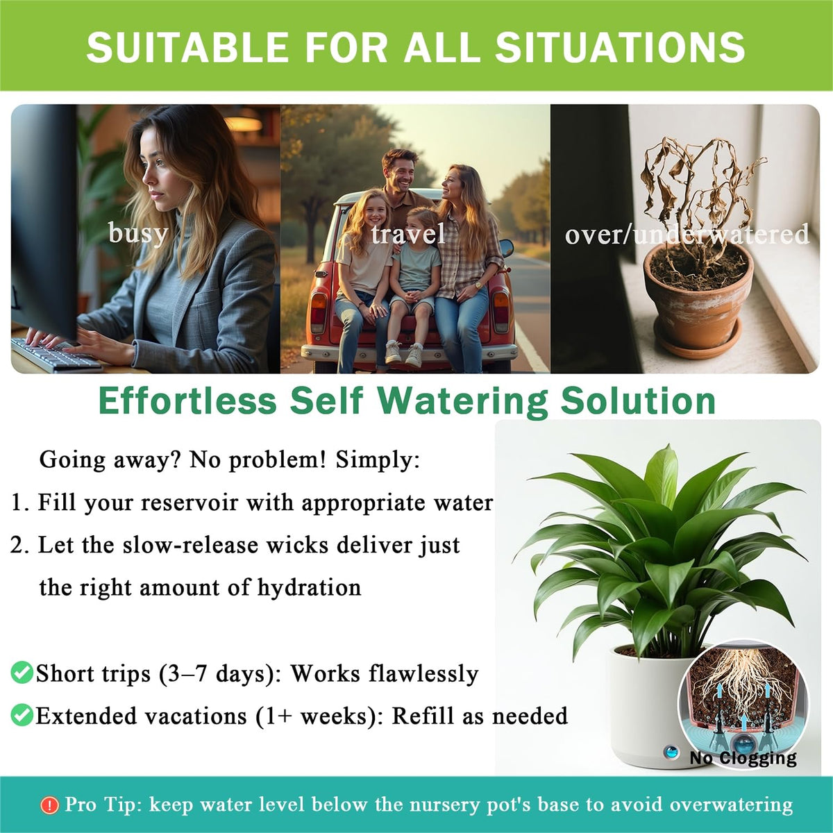 GreenShip 8 Pack Self Watering Planter Insert Watering Spikes, Watering Stakes with Wicking Rope, Plant Spikes for Indoor Outdoor Plants, Vacation Plant Watering Device for Planter Height 12" to 17"