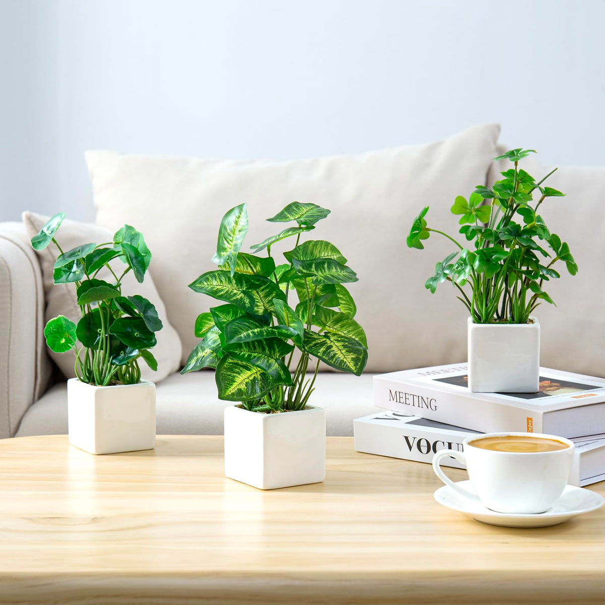 MyGift Set of 3 Artificial Plants, Faux Potted Plants Indoor, Small Fake House Plant in White Square Ceramic Pots for Shelf Decor