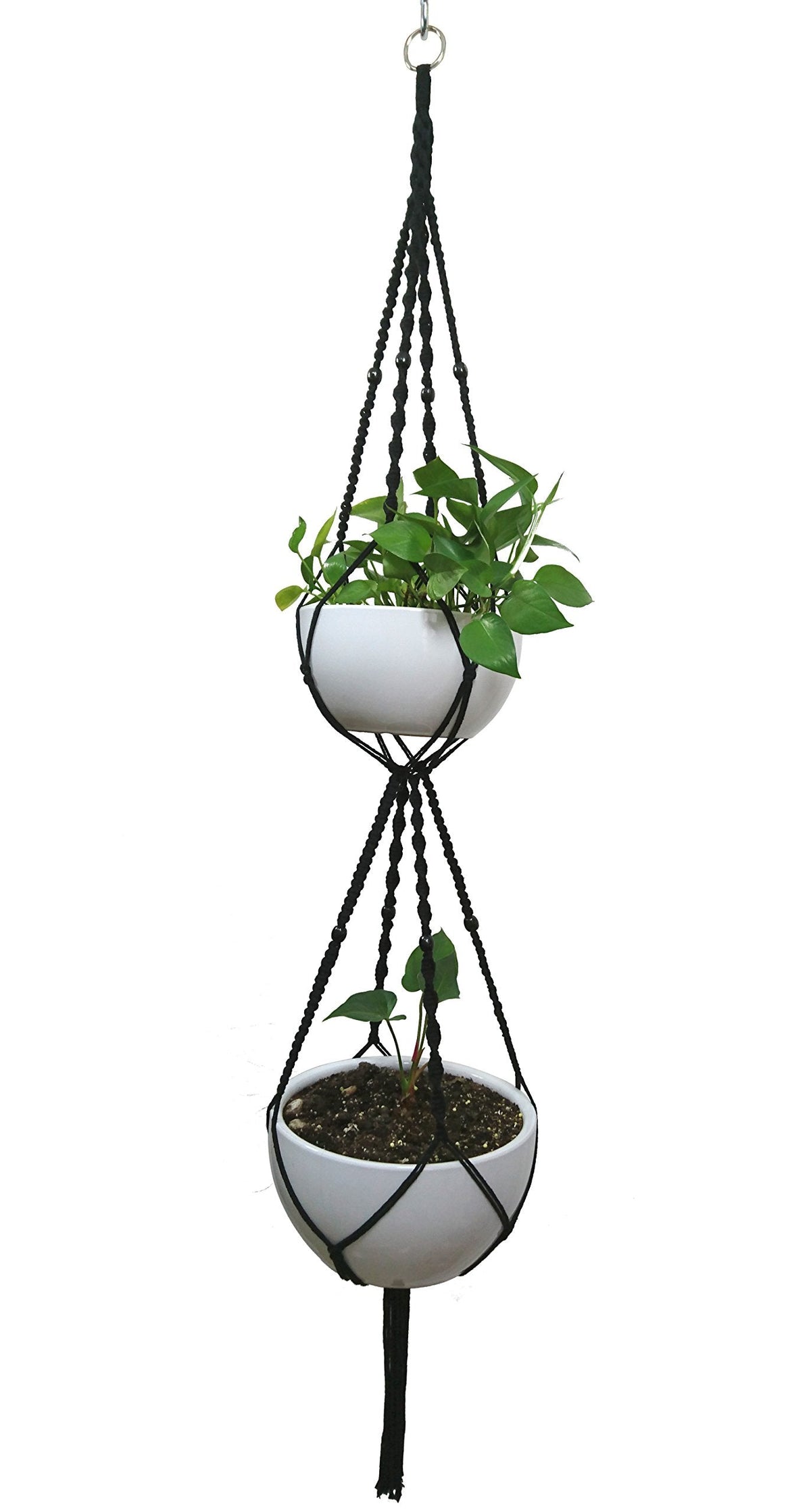 Macrame Plant Hanger & Holder, Hanging Planter 4 Legs Double Deck for 8 inch to 10 inch Two Pots Indoor Outdoor Hanging Planter Cotton Rope 67 Inch with Metal Ring (Cotton-Black)