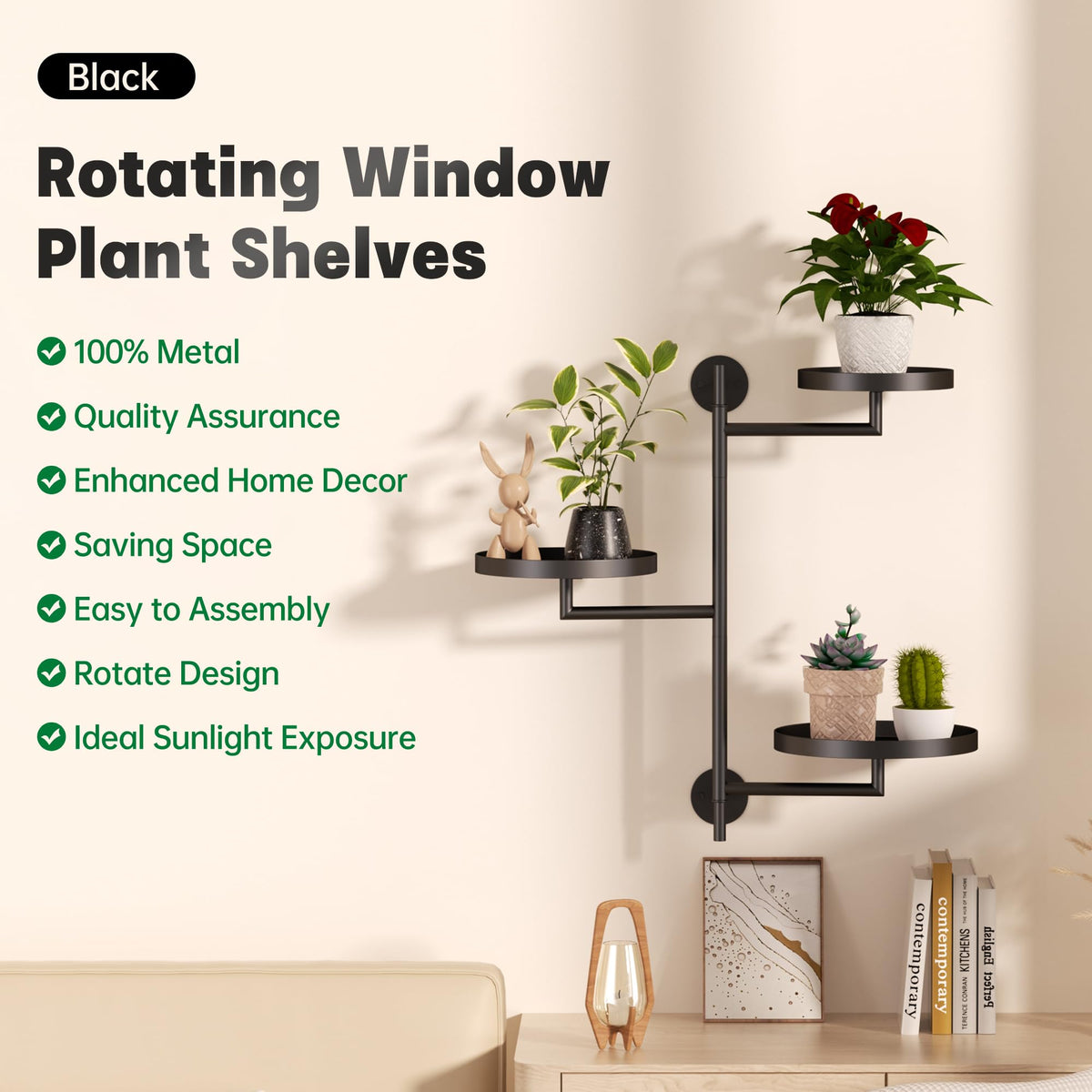 YQSLYSF Window Rotating Plant Stand Shelf Indoor Black Metal Floating Shelves 3-Tier Wall Mount Plant Holders for Living Room Wall Planter Modern Home Decor for Gardening