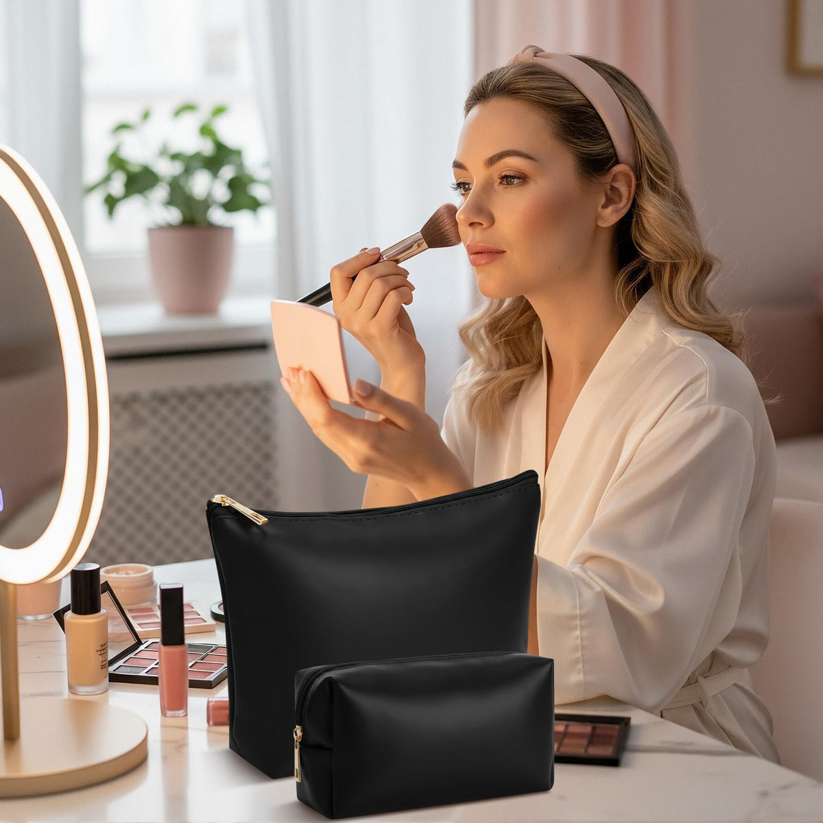 Kigeli 2 Pcs PU Leather Makeup Bag Set for Women Waterproof Aesthetic Cosmetic Bag Large & Small Travel Toiletry Organizer Pouch Skincare Organizer Bridesmaid Mother's Day Birthday Gift(Black)