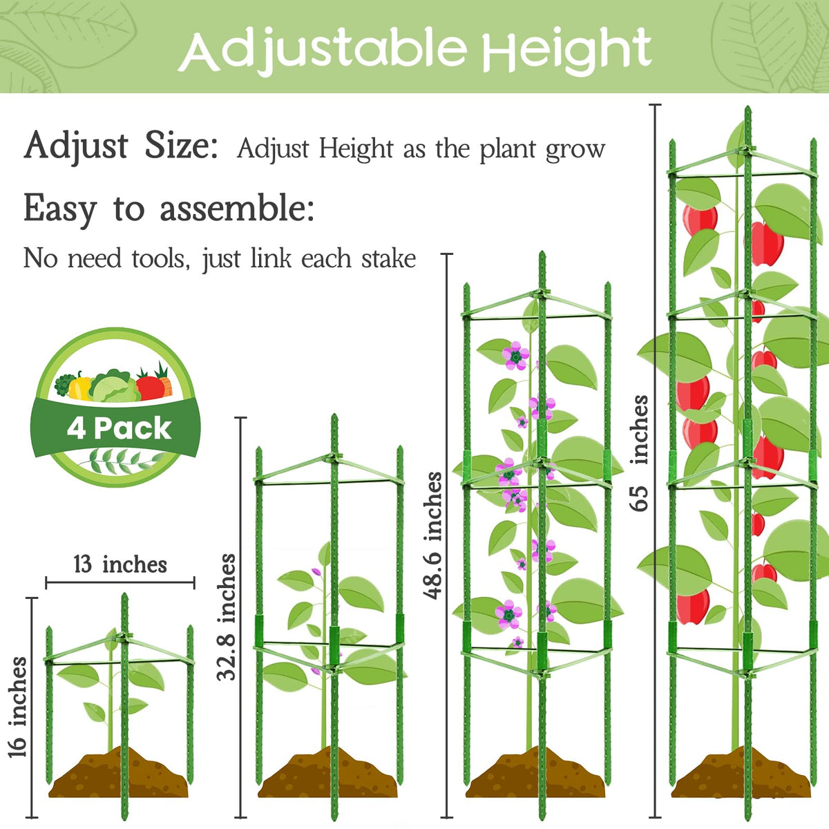 Legigo 4-Pack Tomato Cage for Garden Plant Support- Up to 63inch Garden Stakes Tomato Cage, Tomato Trellis for Potted Plants, Tomato Cages Plant Stakes for Climbing Vegetables Plants Flowers