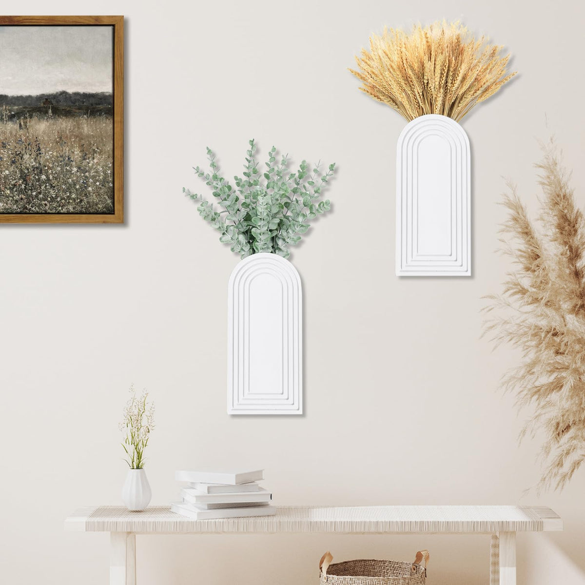 Dnnnii 2 Pack Wooden Wall Vase Set - White Finish Modern Farmhouse & Boho Wall Decor for Entryway, Hallway, Bathroom, Living Room, Dining Room, Narrow Spaces