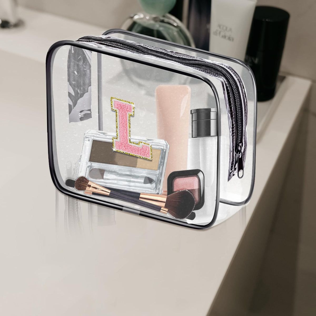 Fodofodo Clear Toiletry Bag,Portable Travel Toiletry Bag,Chenille Letter Cosmetic Bag with Zipper,Waterproof Makeup Bag,Cosmetic Storage Organizer for Women Men,Travel Essentials (Black,M)