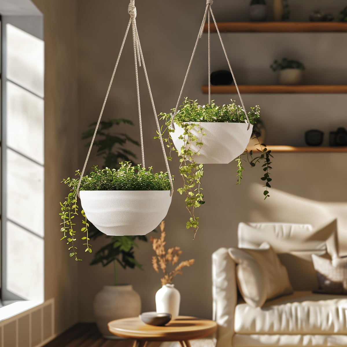 La Jolie Maison 10 Inch Hanging Planters for Indoor Plants, Outdoor Garden Planter Pots with Self-Watering Tray, Eggshell White, Set of 2