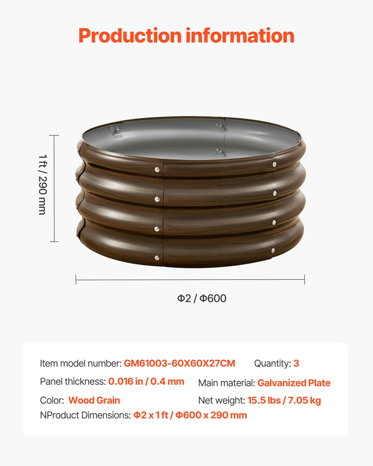 VEVOR 3 Pcs 2x2x1ft Round Galvanized Raised Garden Bed Kit, Outdoor Metal Raised Beds for Gardening Vegetables, Easy Assembly Garden Planter Box for Flowers Fruits with Open Base