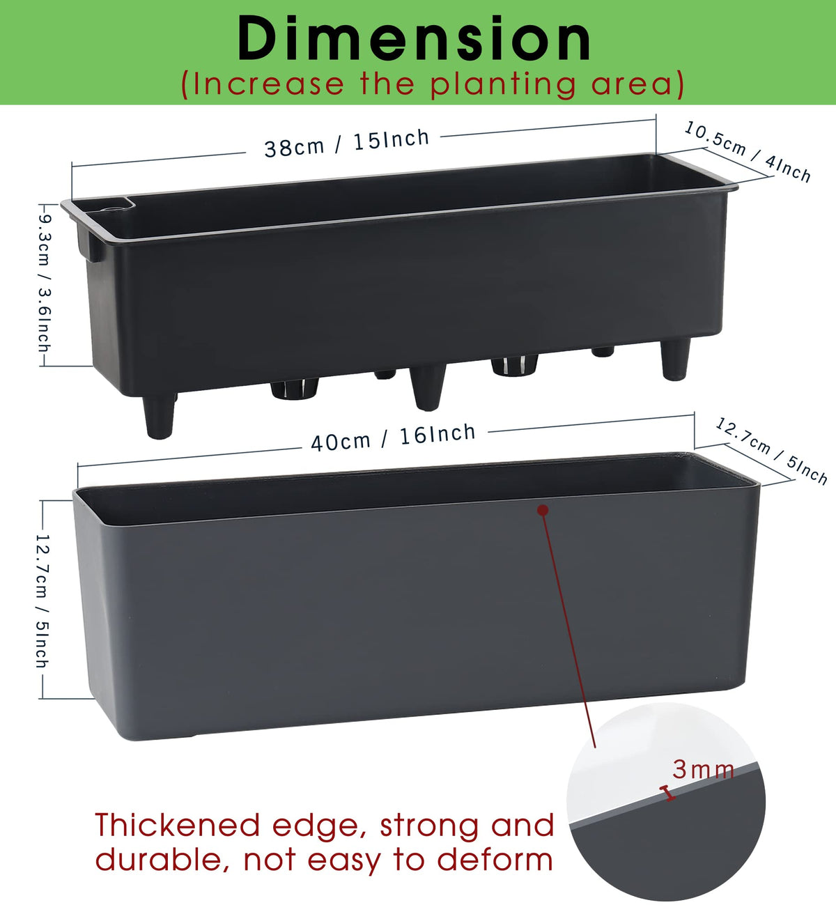 GardenBasix Elongated Self Watering Planter Pots Window Box 5.5 x 16 inch Indoor Home Garden Modern Decorative Planter Pot for All House Plants Flowers Herbs (Dark Grey,1-Pack)