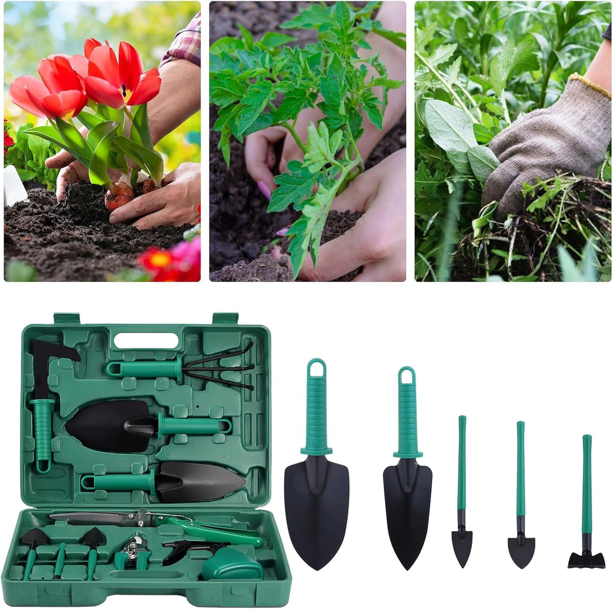Garden Tools Set 10 Piece - Garden Hand Tool with Ergonomic & Durable Garden Tools Organizer Box, Gardening Kit Gifts for Women, Men, Family