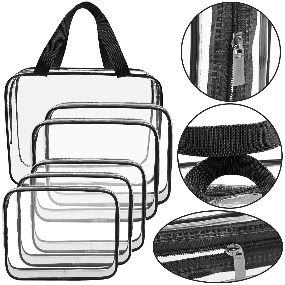 APREUTY Clear Makeup Bags, TSA Approved 6 Pcs Cosmetic Makeup Bags Set Clear PVC with Zipper Handle Portable Travel Luggage Pouch Airport Airline Vacation Organization (Black)