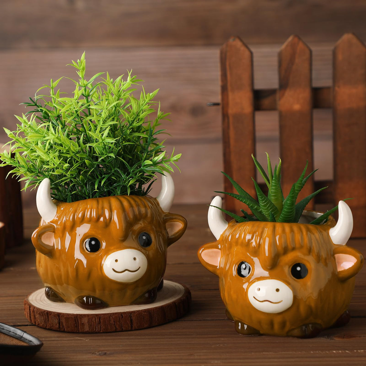 Meanplan 2 Pcs Highland Cow Succulent Planter with Drainage Cute Plant Pots Decor Ceramic Cactus Pot Animal Flower Container Holder Gifts for Cow Lovers Home Office Display Desk Decoration