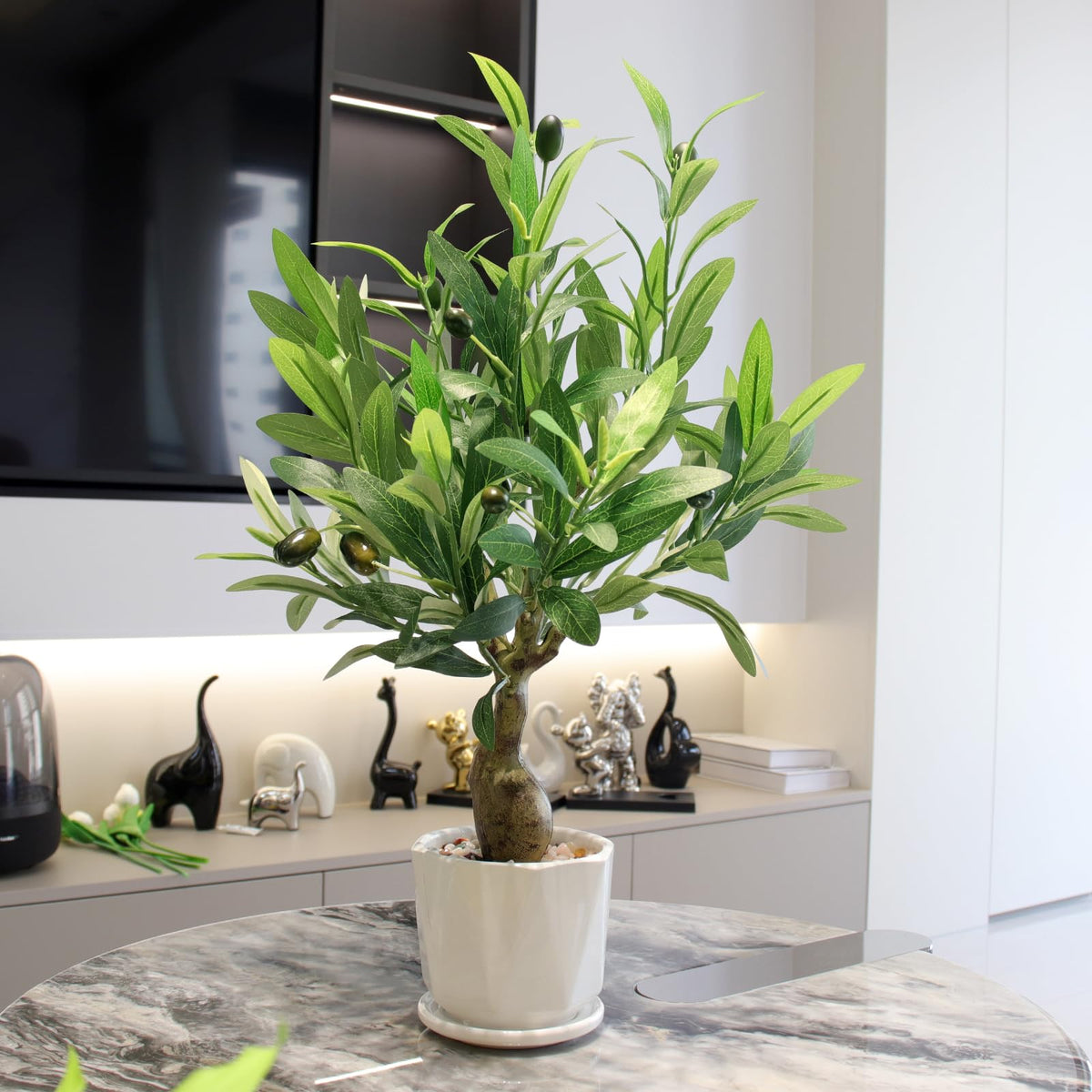 Abyjifar 20" Artificial Olive Tree with Pot, Faux Green Potted Plants Indoor Fake Greenery Olive Branches Stems in Pot for Tabletop Desk Office Kitchen Living Room Bedroom Bathroom Home Decor