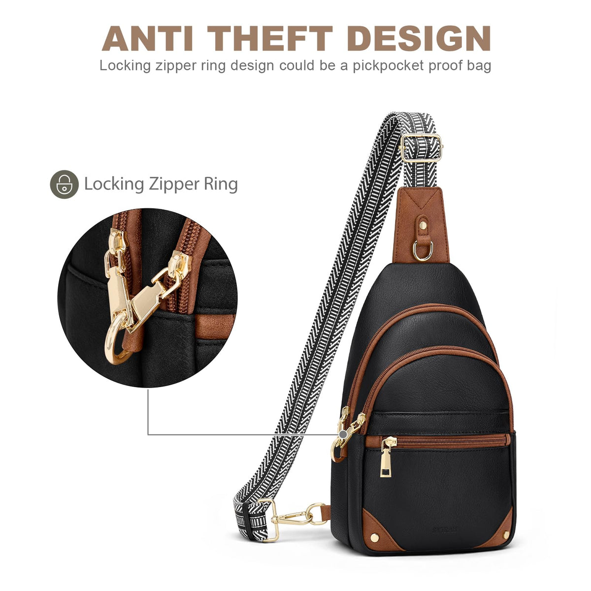 SYTRAH Anti Theft Crossbody Bags for Women, RFID Sling Bag Travel Purse, RFID Cross Body Purses Chest Bag for Travel Black Brown