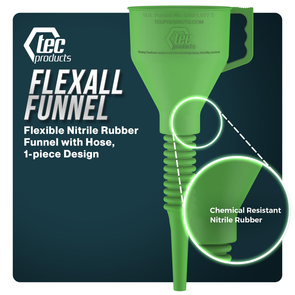 TEC Products FlexAll Long Flexible Funnels - Automotive Oil Funnel with Hose, Durable Nitrile Rubber for Oil Change, Transmission Funnel Fluid, Diesel, Fuel, Gas - Made in USA - Green (16 x 5 Inches)
