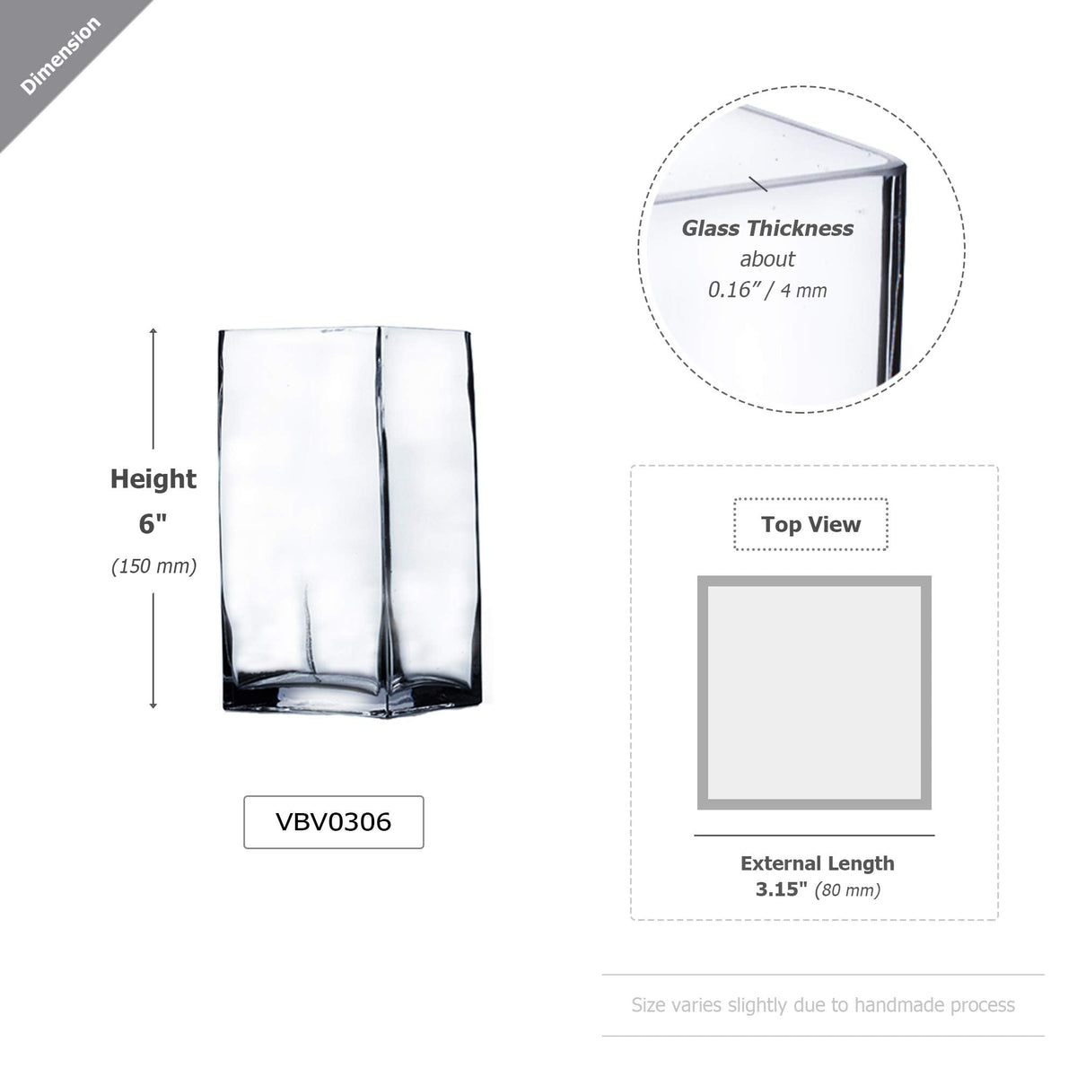 WGV Tall Square Vase Glass Block, Length 3", Height 6", Clear Bud Floral Container, Candle Holder, Planter Terrarium for Wedding Party Event, Home Office Decor, 1 Piece
