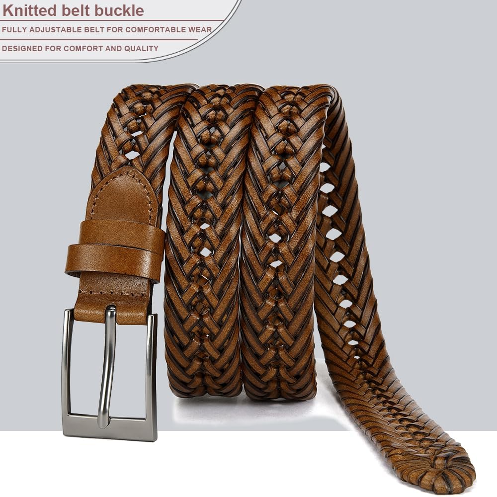DOOPAI Men's Braided Leather Dress Belt - Comfort Fit, Adjustable Strap, Fashion Hand Woven - Brown Belt for Casual Dress Golf Jeans