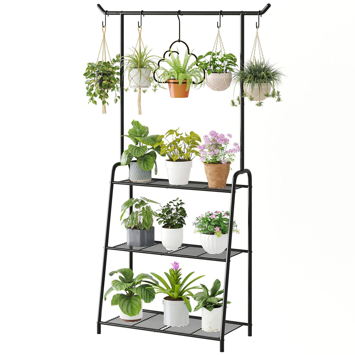 Wieghda Metal Plant Stand Indoor Outdoor, 3 Tier Tall Corner Plant Shelf, Hanging Flower Ladder for Living Room, Balcony, Garden, Patio (Black)
