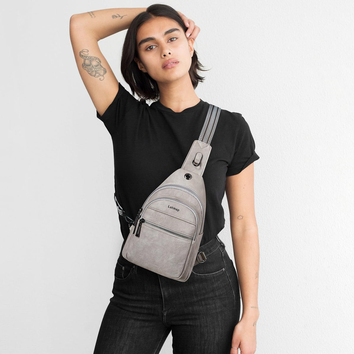 LATMAP 7L Sling Bag For Women Faux Leather Anti Theft Small Casual Daypack Backpack Fanny Pack Crossbody Chest Bags Purse Waterproof Light Grey
