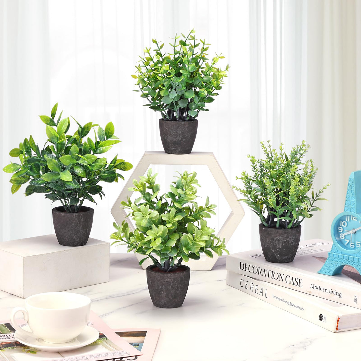 FAVOWREATH 4 Pack Fake Plants Ceramic Mini Artificial Greenery Potted Plants for Home, Office, Room, Farmhouse, Indoor Table, Bathroom Decor
