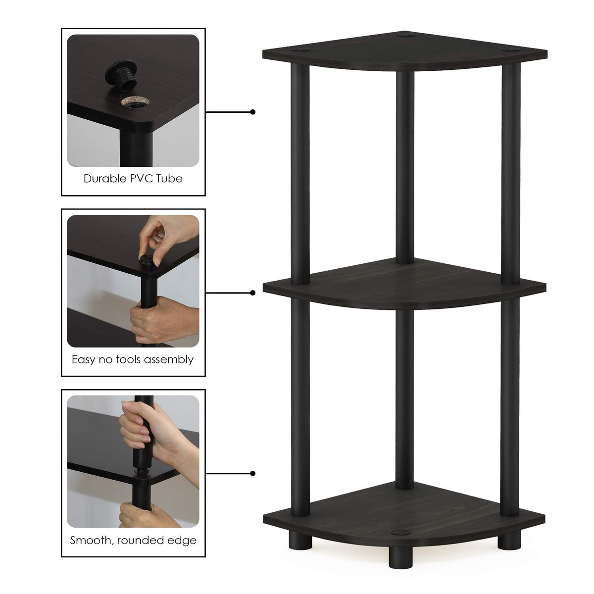 Furinno TURN-N-TUBE Corner Shelf, 3-Tier Corner Bookshelf, Display Storage Shelves with Open Shelves, for Organization and Storage, Living Room, Home Office, Garage, Espresso