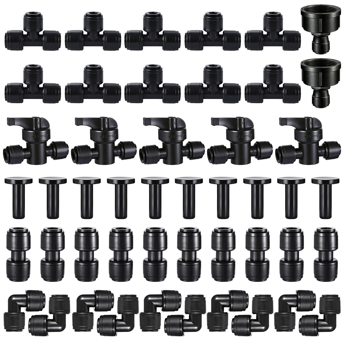 47 Pack Quick Connect 1/4" Drip Irrigation Fittings Kit, 1/4'' Drip Irrigation Tubing Push-to-Fit Connectors Parts- 5 Shut Off Valve, 10 Tees, 10 Couplings, 10 Elbows,10 End Plugs, 2 Faucet Adapters