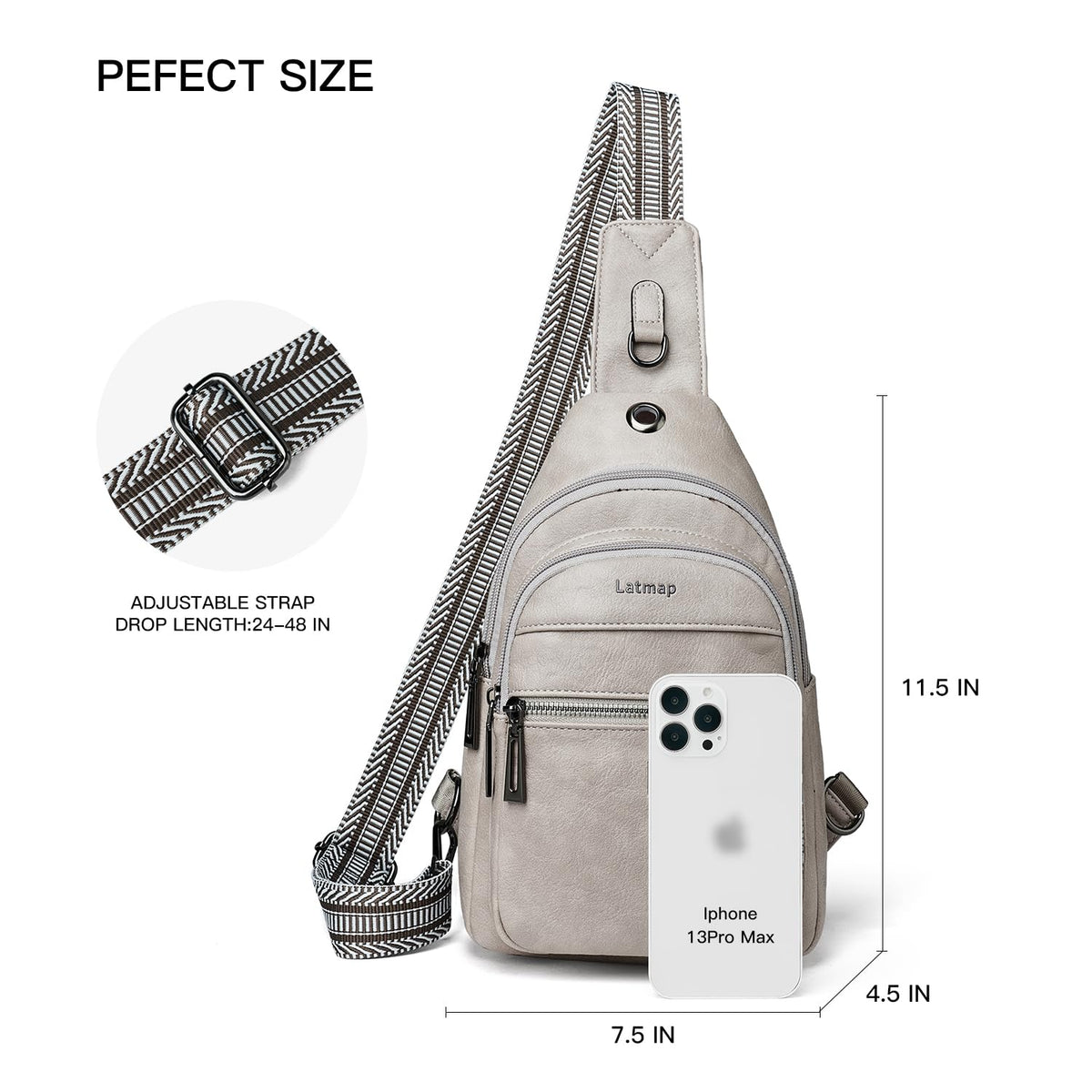 LATMAP 7L Sling Bag For Women Faux Leather Anti Theft Small Casual Daypack Backpack Fanny Pack Crossbody Chest Bags Purse Waterproof Light Grey