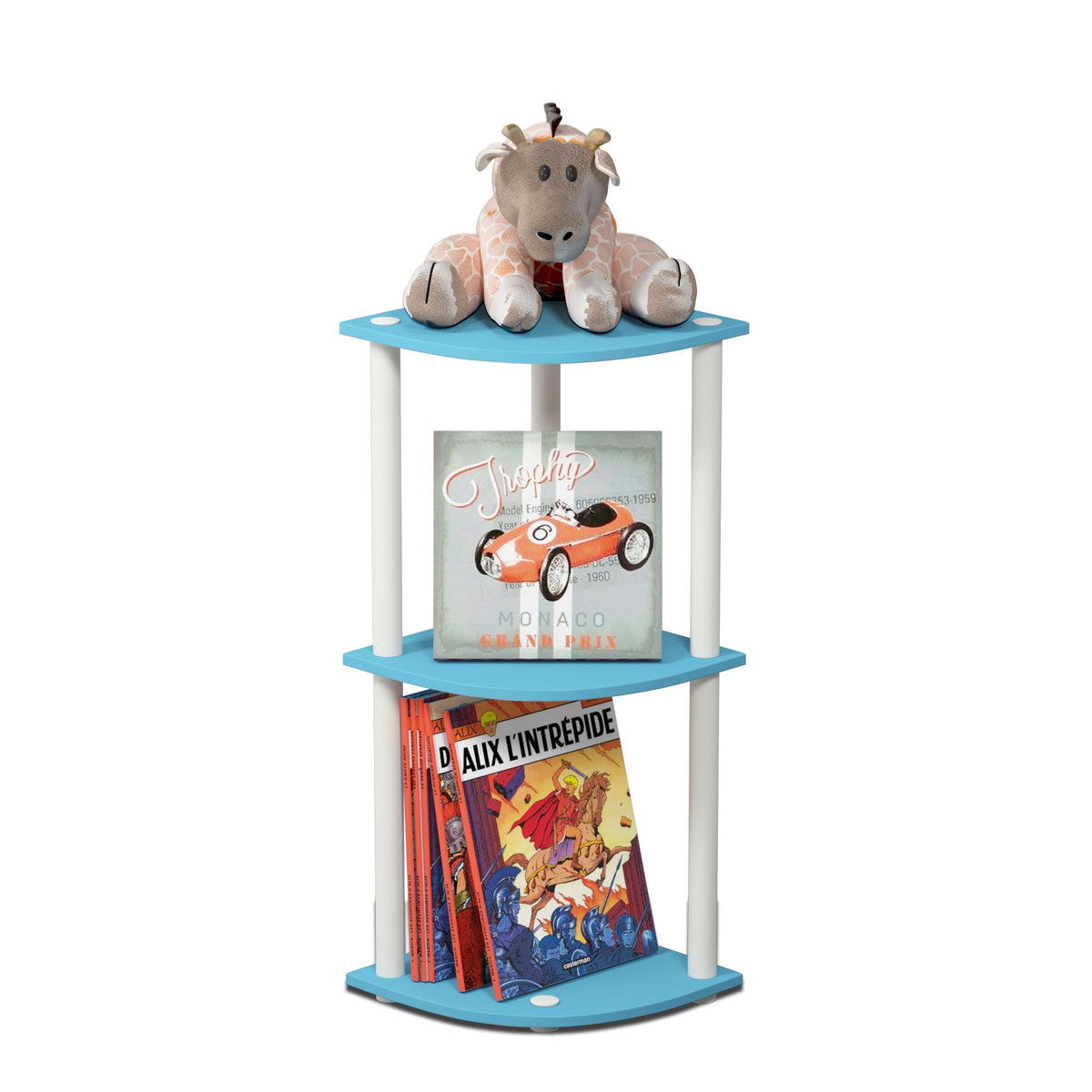 Furinno TURN-N-TUBE Corner Shelf, 3-Tier Corner Bookshelf, Display Storage Shelves with Open Shelves, for Organization and Storage, Living Room, Home Office, Garage, Light Blue