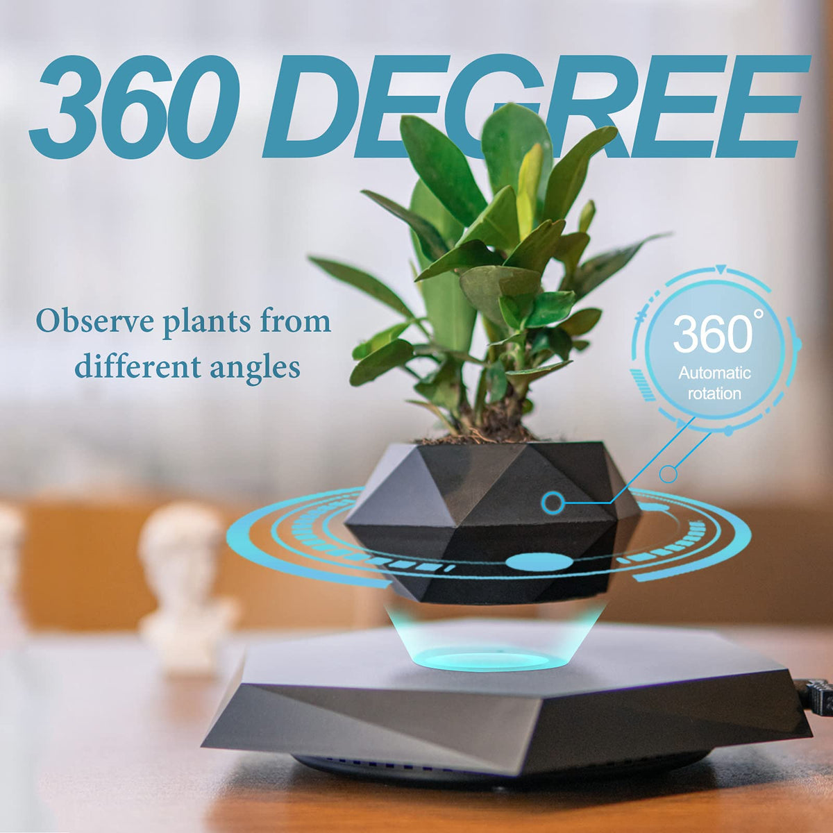 HCNT Levitating Plant Pot, Magnetic Levitation Flower Pot Rotating Planters Suspension Floating Plant Succulents Potted for Home Living Room Office Desk Decoration (Black)