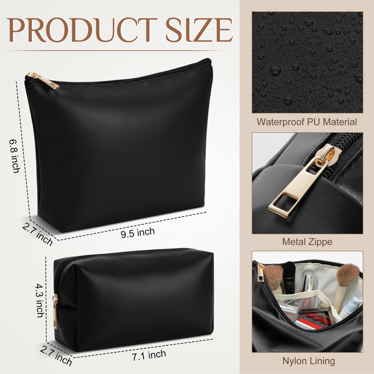 Kigeli 2 Pcs PU Leather Makeup Bag Set for Women Waterproof Aesthetic Cosmetic Bag Large & Small Travel Toiletry Organizer Pouch Skincare Organizer Bridesmaid Mother's Day Birthday Gift(Black)