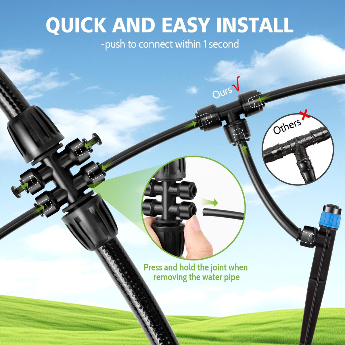 230FT New Quick-Connect Drip Irrigation System Kit, Automatic Garden Watering Misting System for Greenhouse, Yard, Lawn, Plant with 1/2 inch Hose 1/4 inch Distribution Tubing and Accessories