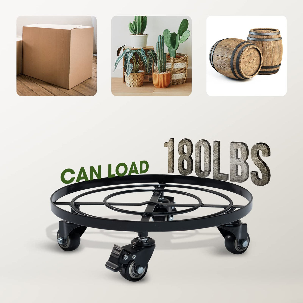 Idzo Round Heavy Duty Plant Caddy with Wheels, Cast Iron Plant Dolly, Plant Stand with Wheels, Load Capacity 180 Lbs, Repositioning Heavy Pots, Hauling Heavy Household Items, 12 Inch - Black
