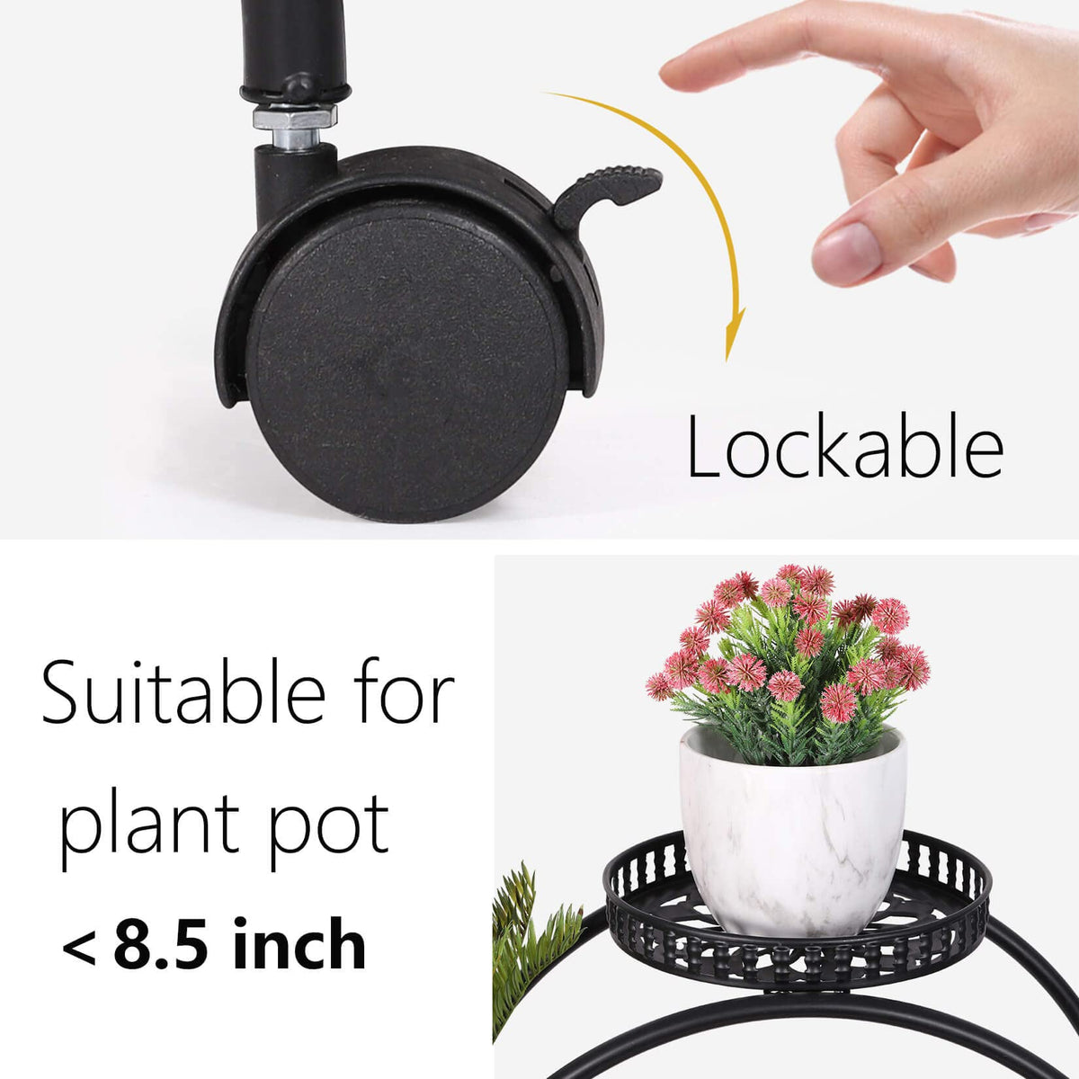 unho Metal Plant Stand 6-Potted: Flower Pot Holder with Wheels 4 Tier Display Shelf Rack for Patio Balcony Yard Garden Home Decor, Black