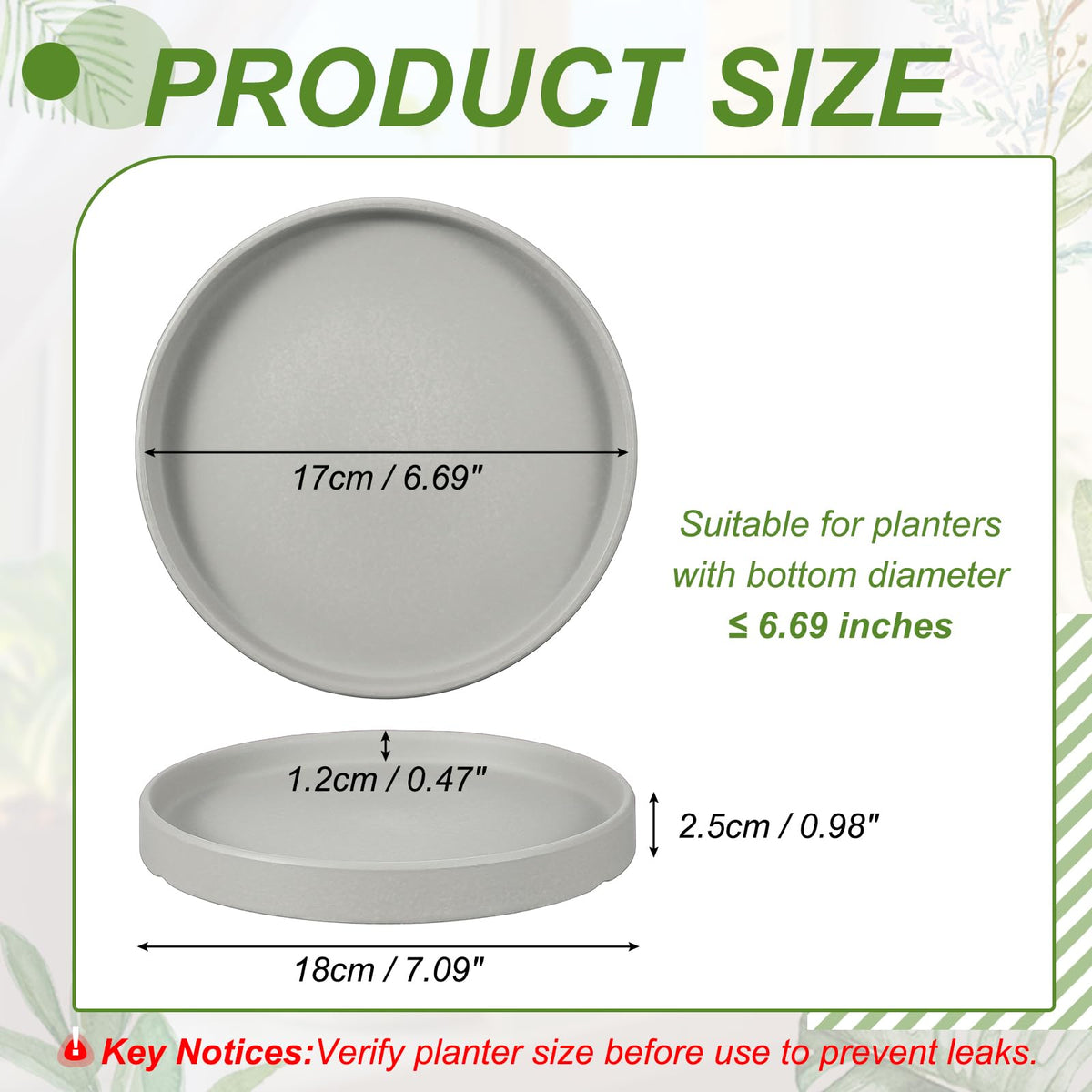 YELARXI 6.7 Inch Ceramic Plant Saucers, Round Flower Planter Water Trays Ceramic Plant Saucer Pot Tray -Fitting for (Outdoor/Indoors/Garden/Planting/Water/Flower/Coffee) Light Gray