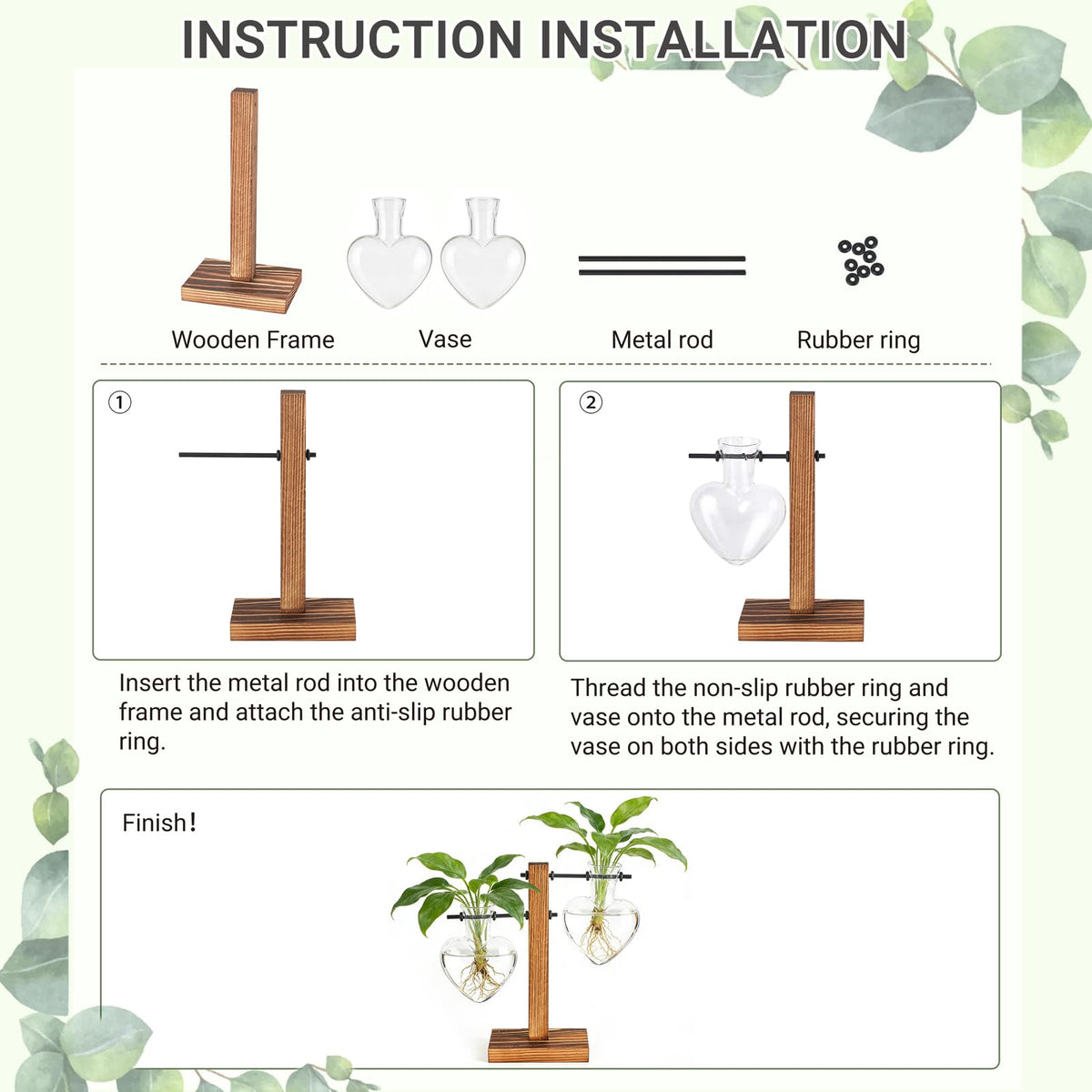 Mkono Heart Shaped Propagation Station with Wood Stand, Glass Hydroponic Planter Desktop Plant Terrarium for Home Office Decor, Gifts for Plant Lovers - 2 Love Bulb Pot Vase