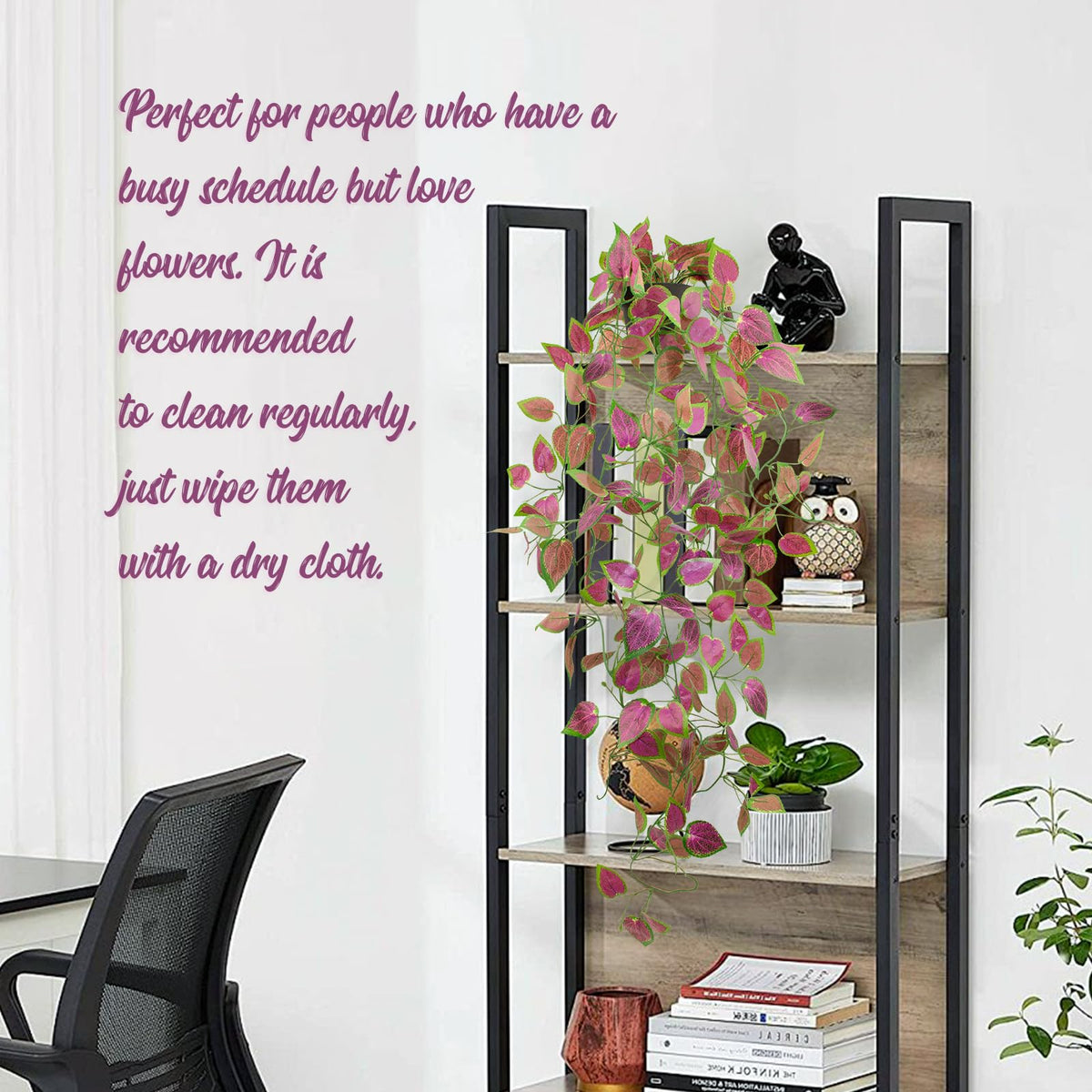 LOYWREE 3 Pack Artificial Purple Ivy Hanging Vine Plants - Small Potted Long Trailing Cascading Foliage, Gothic Home Decor for Indoor/Outdoor, Office, Garden & Shelf (Black Pot Included)
