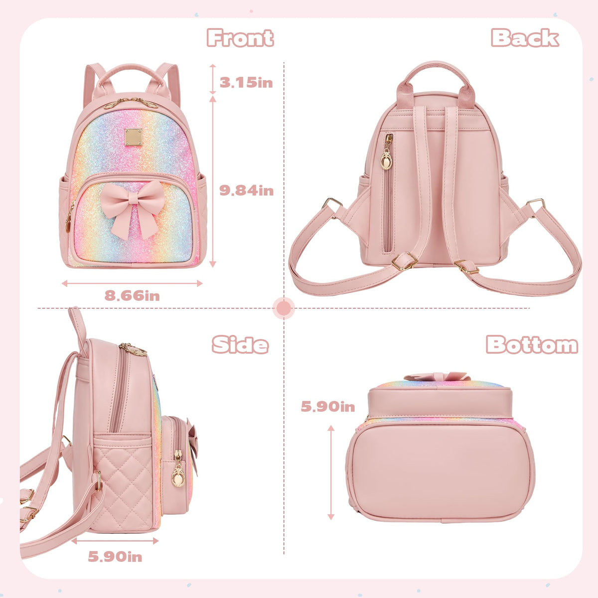 I IHAYNER Mini Backpcak for Girls Small Bowknot Quilted Leather Backpack Purse for Women Travel Cute Trendy Stuff Gifts for Kids Rainbow