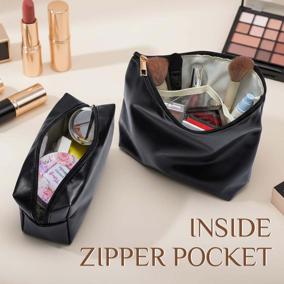 Kigeli 2 Pcs PU Leather Makeup Bag Set for Women Waterproof Aesthetic Cosmetic Bag Large & Small Travel Toiletry Organizer Pouch Skincare Organizer Bridesmaid Mother's Day Birthday Gift(Black)